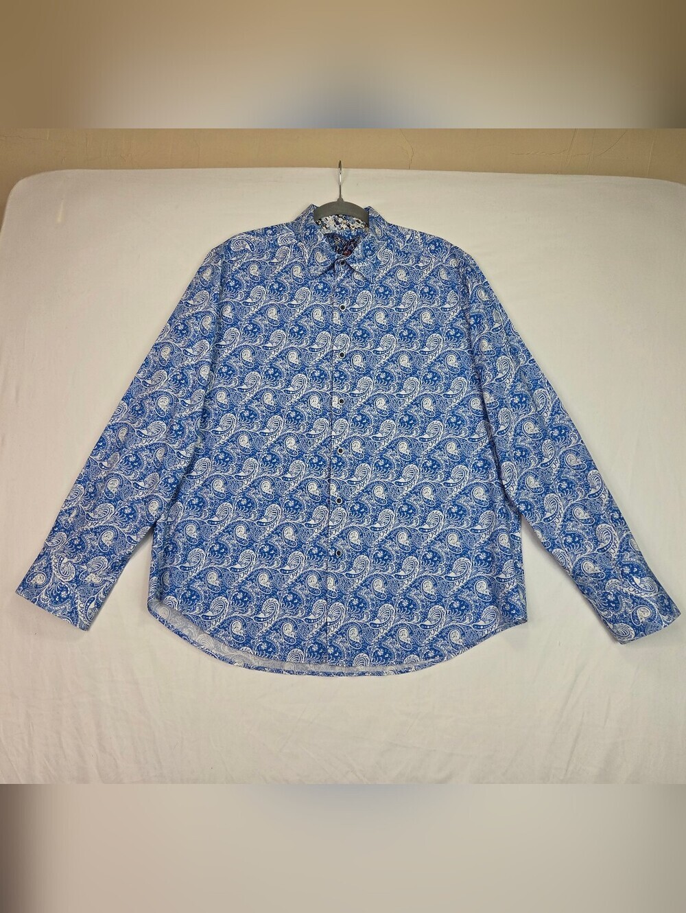 Robert Graham Blue White Paisley Button Front Shirt L Classic Fit Stretch Cotton